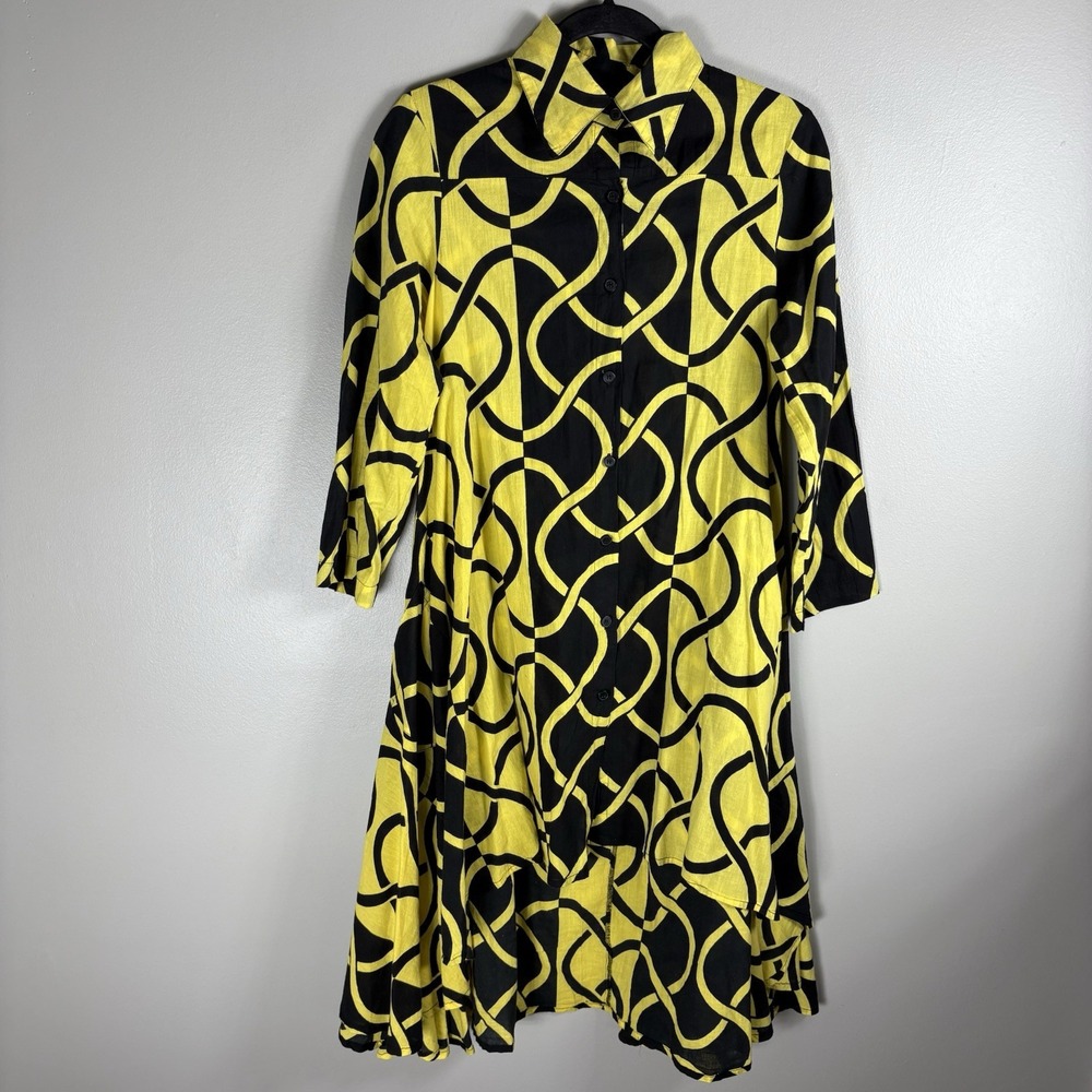 Step In Style Women's Small Yellow Black Artsy Lagenlook High‎ Low Midi Dress